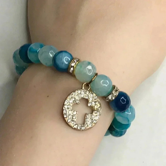 Turquoise Blue Beaded Cross Bracelet - Picture 5 of 6